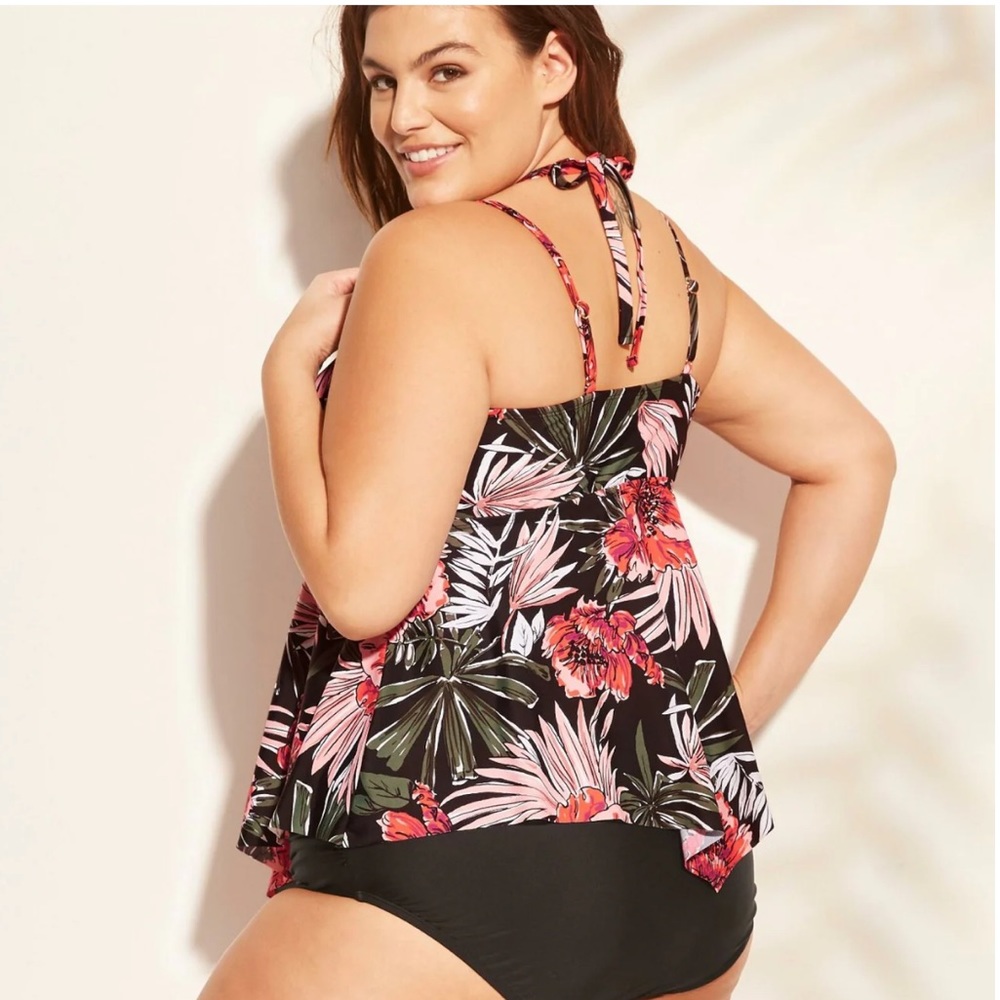 Kona Sol Plus Sz Women’s 18 Halter Tie Back Swim Tankini Pink/Black Floral NWT - Picture 2 of 3